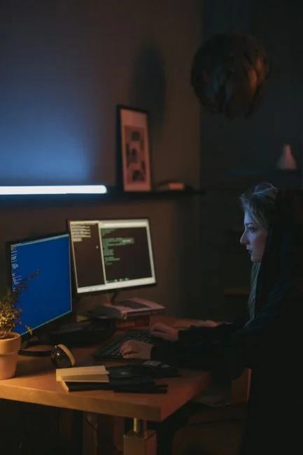 Dual monitors on a desk, showcasing web design in a modern office setting.