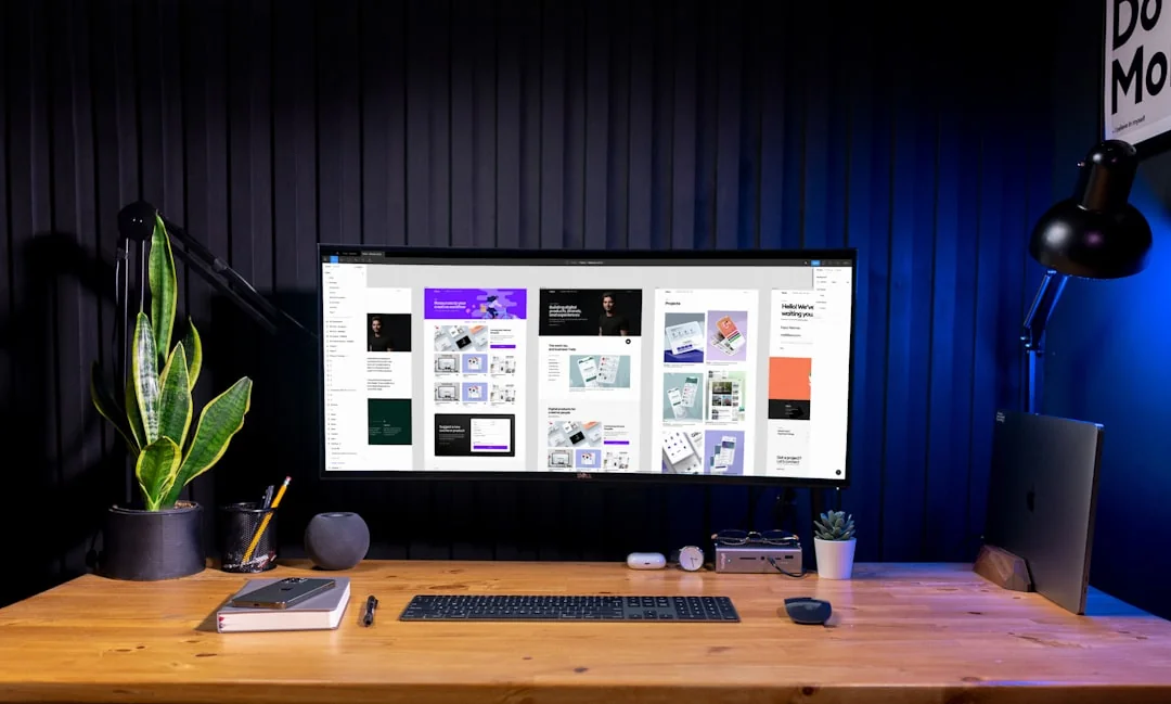 Un espace de travail moderne avec deux écrans d’ordinateur affichant des projets de conception web, mettant en avant la technologie et la productivité.